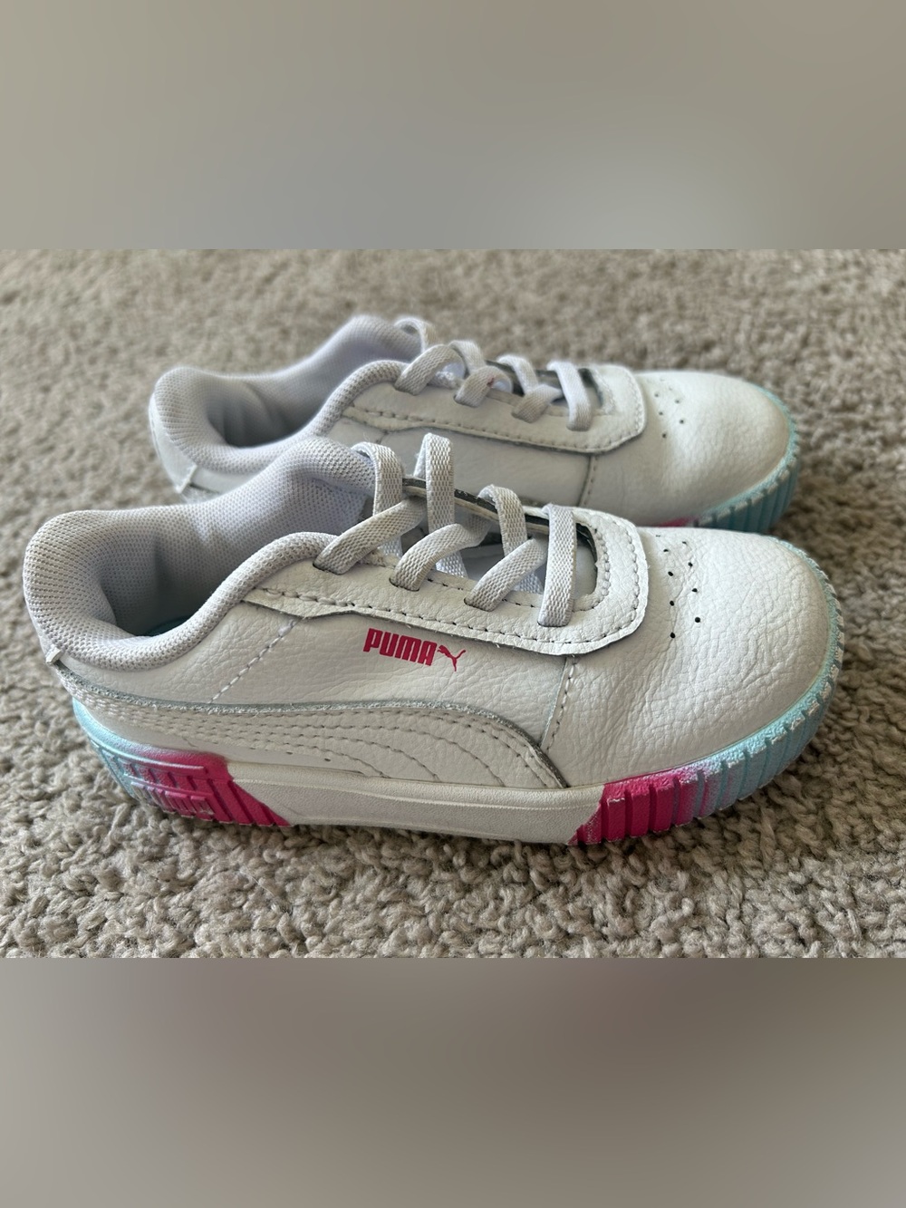 Puma Kids White Sneakers with Pink & Light Blue Sole Accents